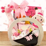 A basket for the new baby girl that includes baby sleeper, socks, cap, receiving blanket, bib and more!
