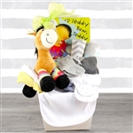 A basket for the new baby that includes baby sleeper, socks, cap, receiving blanket, bib and more!
