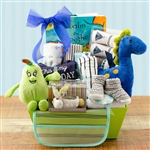 Lovely basket with items to pamper the new baby boy.