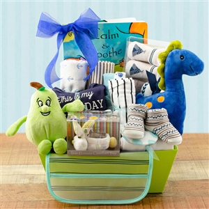 Lovely basket with items to pamper the new baby boy.