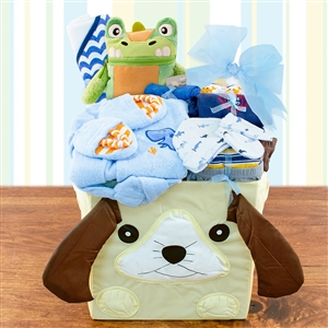Collapsible animal storage cube full of clothing items for baby boy.