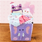 Collapsible animal storage cube full of clothing items for baby girl.
