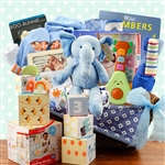 A grand basket has everything for baby and some special treats for the new parents.