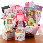 A grand basket has everything for baby and some special treats for the new parents.