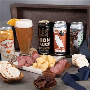 Four Craft Beers of 16 oz each and snacks in a wooden tray