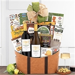 An extra large basket of gourmet goodies with a bottle of Cabernet and a bottle of Chardonnay