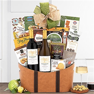 An extra large basket of gourmet goodies with a bottle of Cabernet and a bottle of Chardonnay