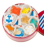 Round Tin of Iced Vanilla Sugar Cookies Decorated in Nautical Themes