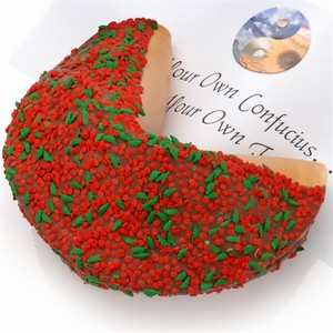 Giant Fortune Cookie decorated with holly berry confections and dip of your choice. Includes your message inside as a 1 ft long fortune.