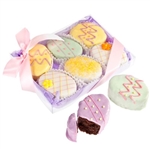 Gift box of 6 Belgian Chocolate Dipped Easter Brownies in cute egg shapes decorated like Easter eggs