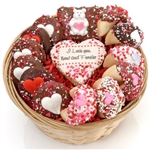 Personalized Cookie Gift Basket features Belgian chocolate covered gourmet goodies decorated for Valentines Day with your custom message on the center cookie