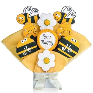 Bee Shaped Cookie Bouquet with Personalized Text - Choose our 5, 7, 9 or 12 piece arrangement of Decorated Sugar Cookies.