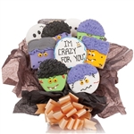 Bouquet arrangement of Vanilla Sugar Cut Out Cookies iced with scary Halloween Monsters. Personalizable.
