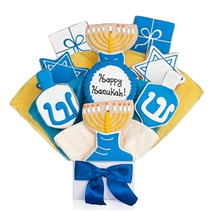 Hanukkah themed shaped Iced Sugar cookies arranged in a beautiful bouquet. Choose our 5, 7, 9 or 12 piece arrangement.