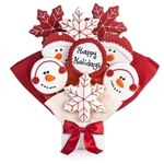 Snowman and snowflake shaped and Decorated Iced Sugar cookies arranged in a beautiful bouquet in Red theme. Choose our 5, 7, 9 or 12 piece arrangement.