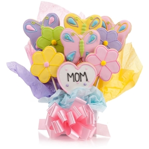 Flowers Cookie Bouquet with customized text on one cookie. Choose our 5, 7, 9 or 12 piece arrangement of Flower Sugar Cookies.