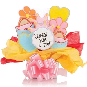 Purses, Crowns, Flowers and Hearts Shaped Cookies Bouquet with Personalized Text - Choose our 5, 7, 9 or 12 piece arrangement of Decorated Sugar Cookies.