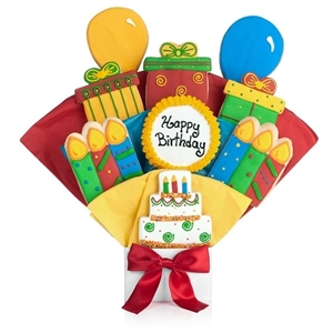 Birthday Themed Cookie Bouquet - Choose our 5, 7, 9 or 12 piece arrangement of Vanilla Sugar Cookies displayed as flowers. Birthday cake, candles, wrapped gifts, and balloon shaped cookies.