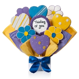 Cookie Bouquet arrangement of Iced Sugar Cookies shaped like daisies and hearts. Personalizable.