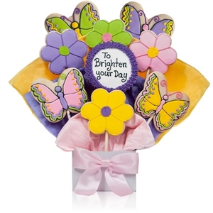 Butterflies and Flowers Shaped Cookie Bouquet with Personalized Text - Choose our 5, 7, 9 or 12 piece arrangement of Decorated Sugar Cookies.