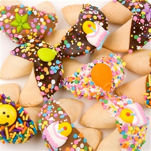 Belgian chocolate dipped fortune cookies decorated with Happy Birthday themes can be ordered in customized quantity.