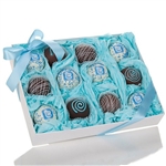 Box of 12 truffle cake bons with custom logo or photo on 6 of the cake bons, choice of sprinkle color