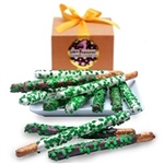 One Dozen Pretzel wands hand dipped in Belgian Chocolates and decorated for St. Patrick's Day
