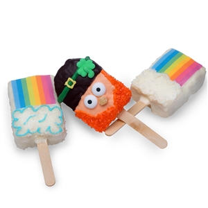 Confection covered Rice Krispie Pops for St. Patrick's Day decorated with leprechauns and rainbows.