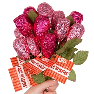 A dozen rose buds made of Rice Krispies in small batches with stems and leaves