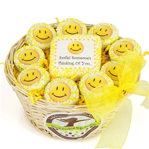 White Belgian Chocolate Covered Oreos Decorated in Theme of Yellow Smiles with Custom Message on Center Iced Sugar Cookie