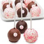 Box of 12 Cake Pops in choice of cake flavor decorated with pink ribbons and Dipped in chocolate