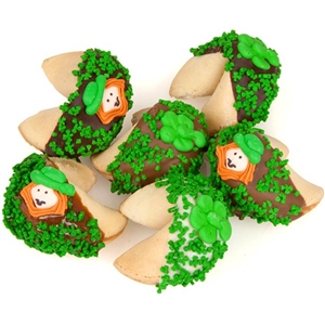 Saint Patrick's Day Wheel of Fortune Cookies - A collection of Lady Fortune dipped fortune cookies decorated with elfs and clovers for Saint Patricks Day.