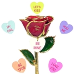 Valentines Day Rose preserved forever in your choice of color and trim with heart charm in style and colors of sweetheart candy.