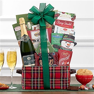 Kraemer Blanc De Blancs Brut Sparkling Wine in a Plaid Christmas Gourmet Basket