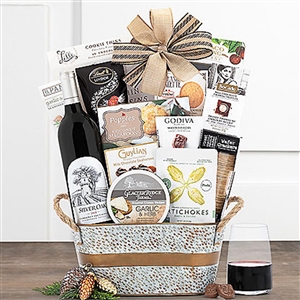 Metal silver print basket with gourmet treats and a bottle of Silver Oak Alexander Valley Cabernet