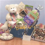 Birthday Gift Basket featuring a plush teddy bear and gourmet treats