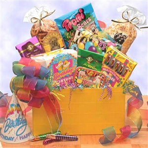 Rainbow Bow and Bright Yellow Gift Box filled with Happy Birthday treats